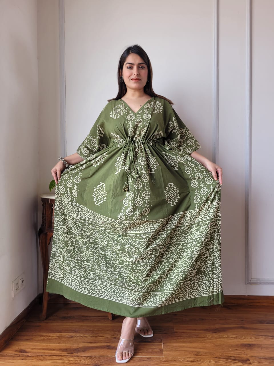 Pure Cotton Handblock Print Kaftan Maxi Night Wear Lounge Wear Night Gown Dress