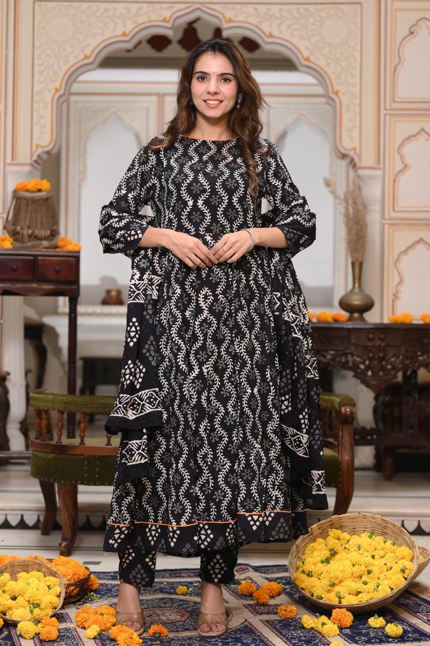 Bagru Handblock Printed Anarkali Set Kurti Pant Dupatta Suits