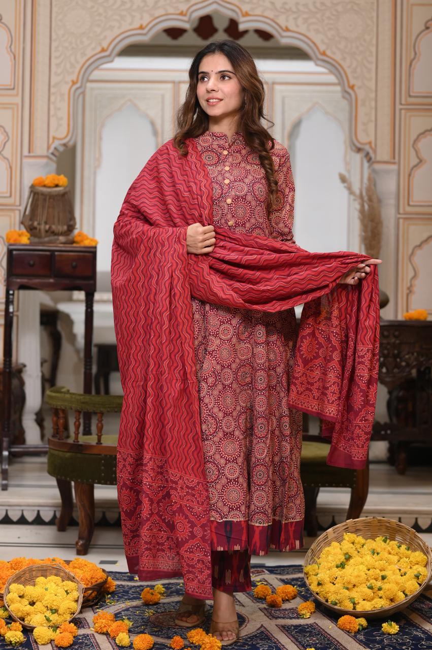 Bagru Handblock Printed Anarkali Set Kurti Pant Dupatta Suits