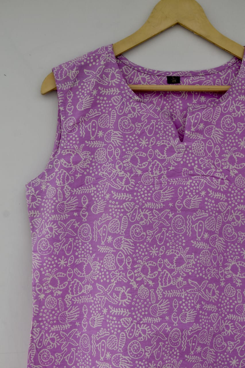 Cotton sleeveless tops kurti handblock print handmade natural colors