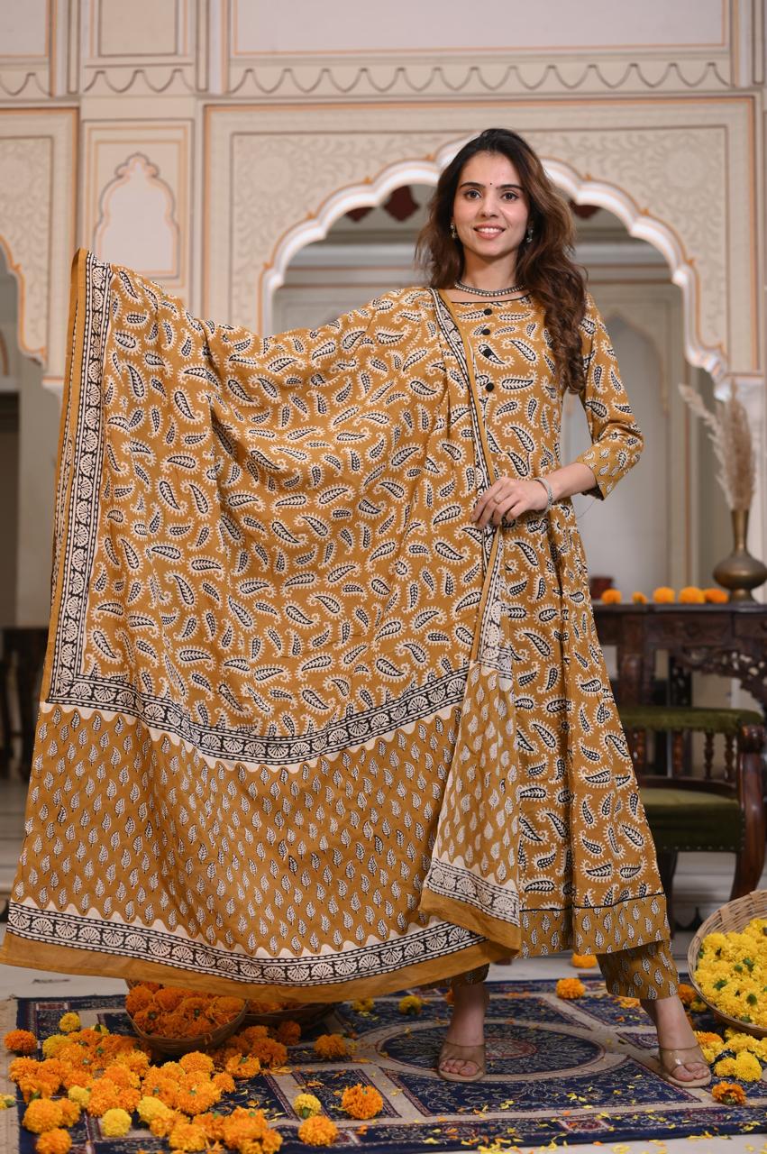 Bagru Handblock Printed Anarkali Set Kurti Pant Dupatta Suits
