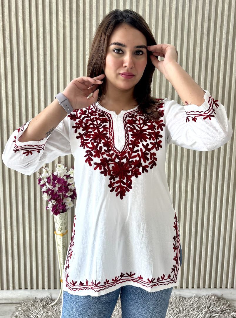 PREMIUM AARI EMBROIDERED FANCY RAYON KURTI WITH MODISH DESIGN AND COMFY FABRIC TO WEAR