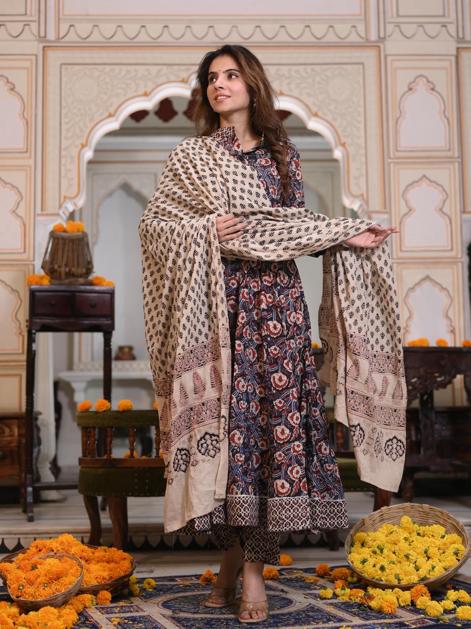 Bagru Handblock Printed Anarkali Set Kurti Pant Dupatta Suits