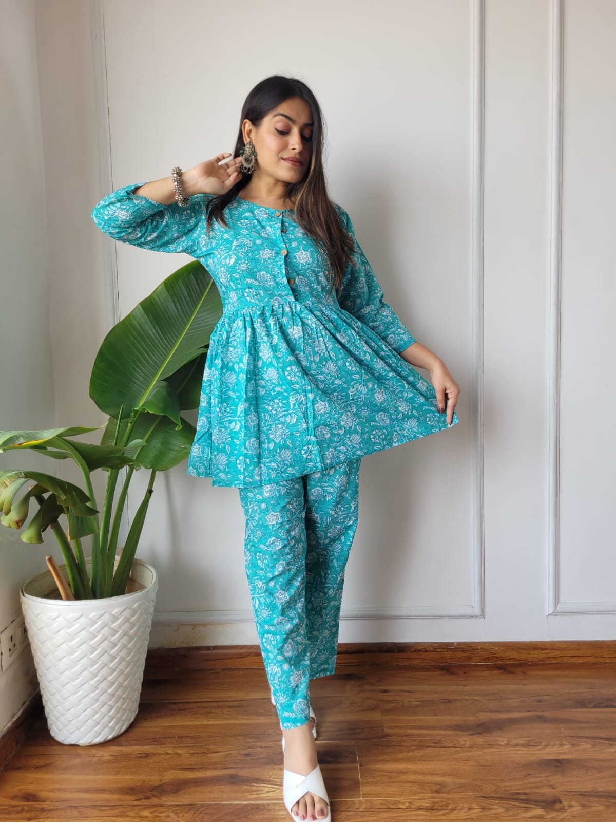 Cotton Handblock Print Women Co-ord Sets Kurti Pant