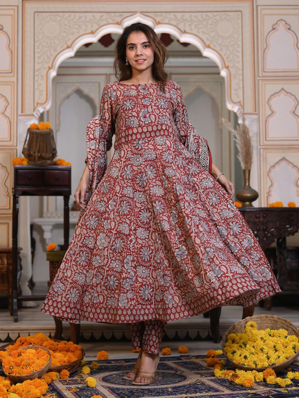 Bagru Handblock Printed Anarkali Set Kurti Pant Dupatta Suits