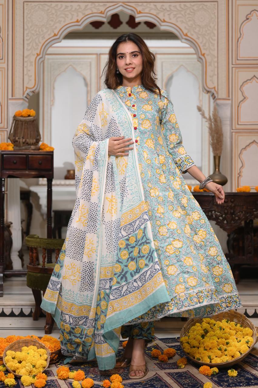 Bagru Handblock Printed Anarkali Set Kurti Pant Dupatta Suits