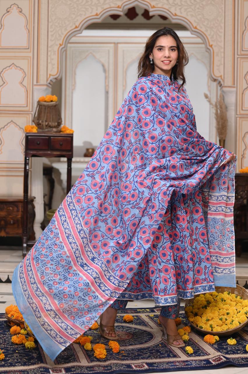 Bagru Handblock Printed Anarkali Set Kurti Pant Dupatta Suits