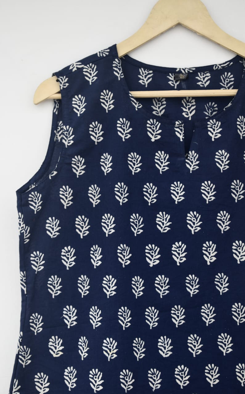 Cotton sleeveless tops kurti handblock print handmade natural colors
