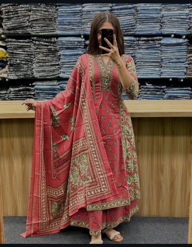 A Line plazzo set vibrant floral handblock print