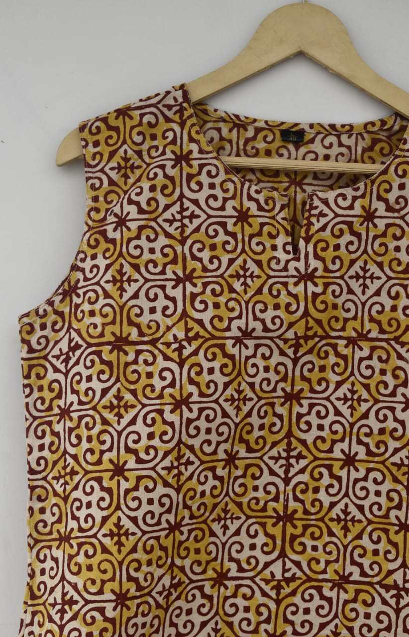 Cotton sleeveless tops kurti handblock print handmade natural colors