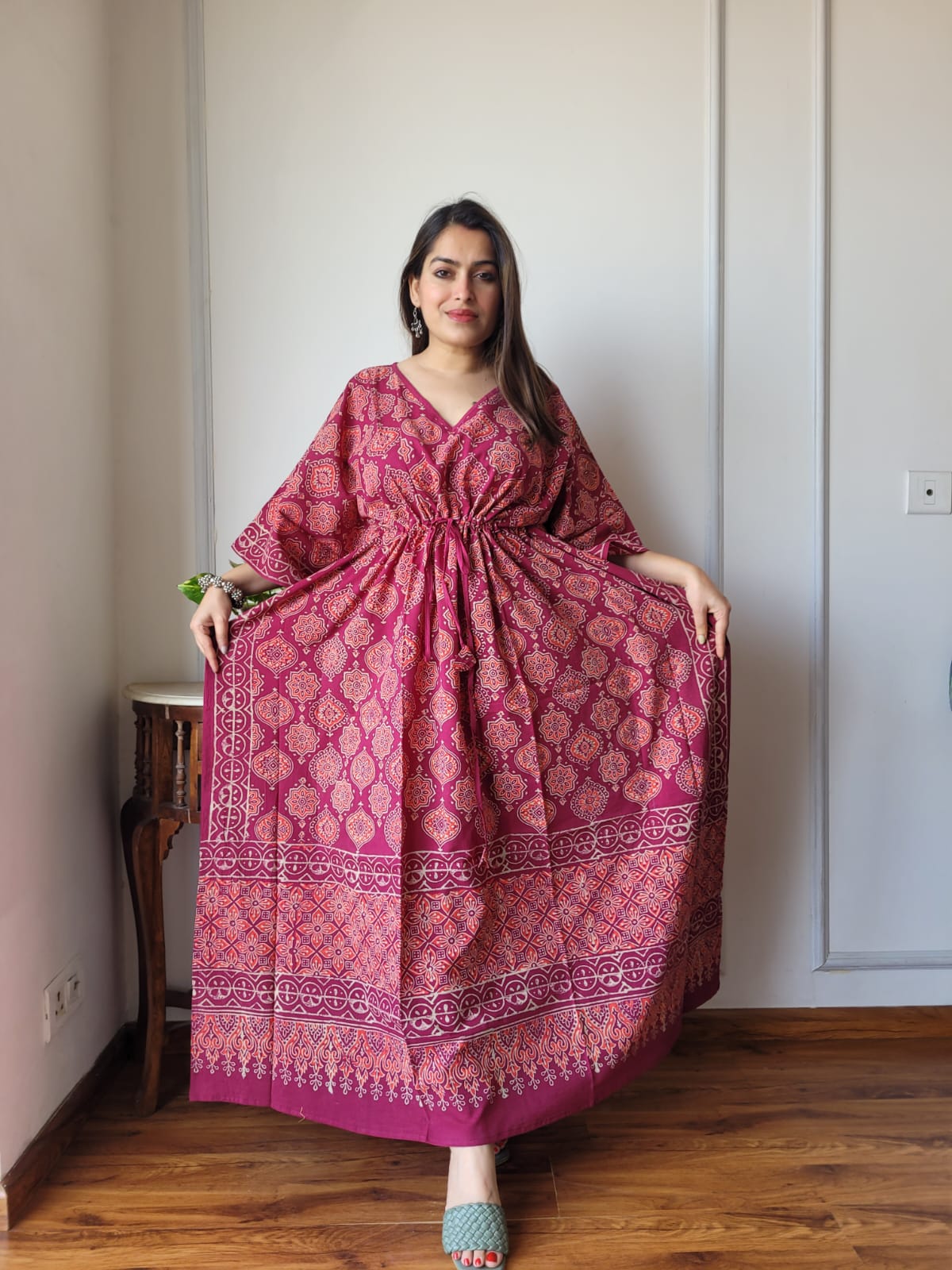 Pure Cotton Handblock Print Kaftan Maxi Night Wear Lounge Wear Night Gown Dress