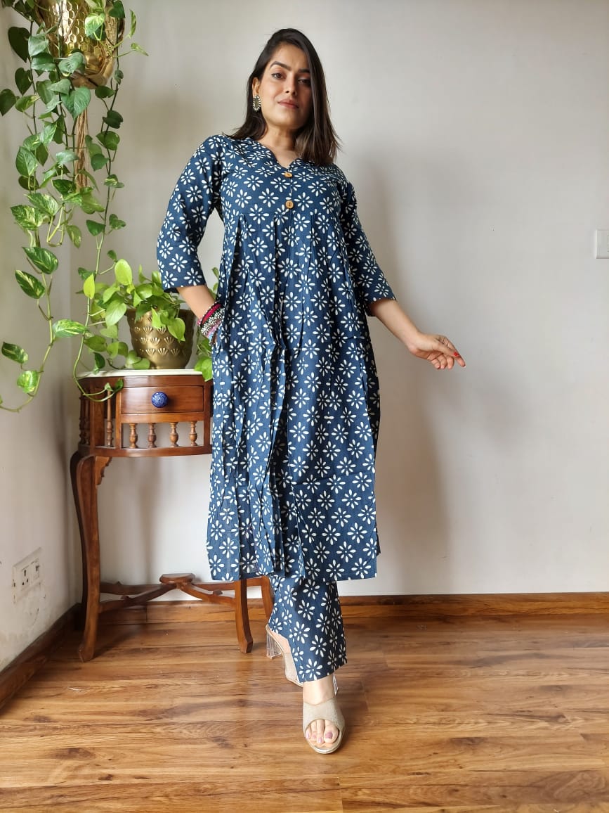 Nyra Cut Handblock Printed Cotton Kurti Pant Set Dress