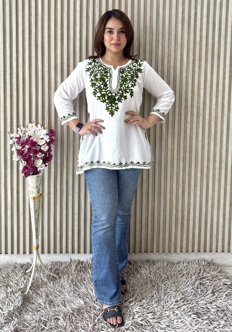 PREMIUM AARI EMBROIDERED FANCY RAYON KURTI WITH MODISH DESIGN AND COMFY FABRIC TO WEAR