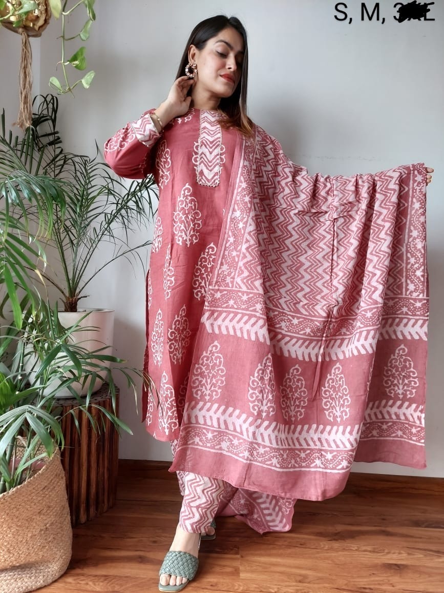 Premium Quality Handblock Print Cotton Suits Kurti Pant Dupatta Set