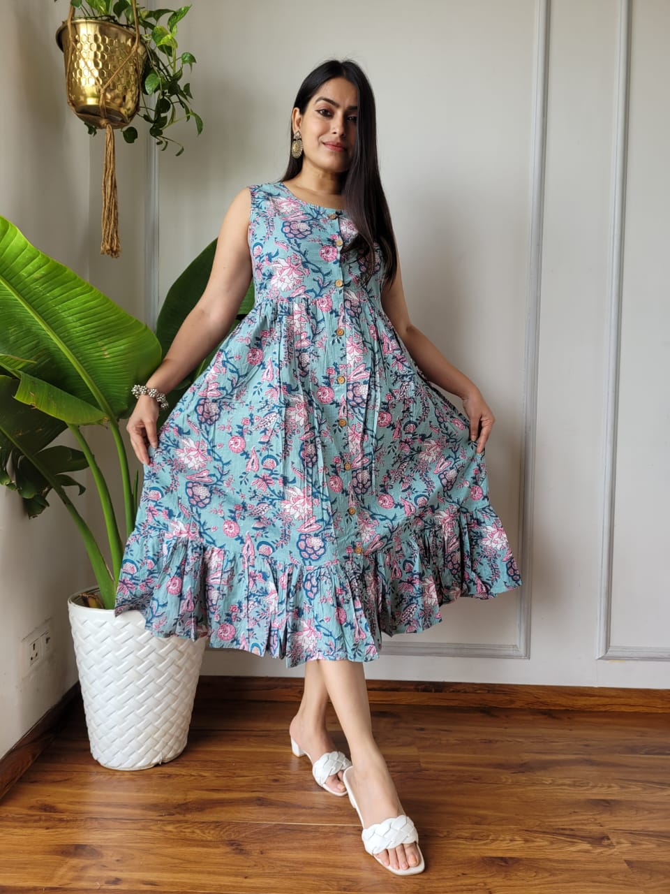 Premium Handblock Print Original Cotton Kurtis Sleeveless One Piece Dress