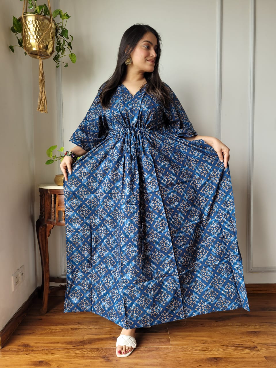 Pure Cotton Handblock Print Kaftan Maxi Night Wear Lounge Wear Night Gown Dress