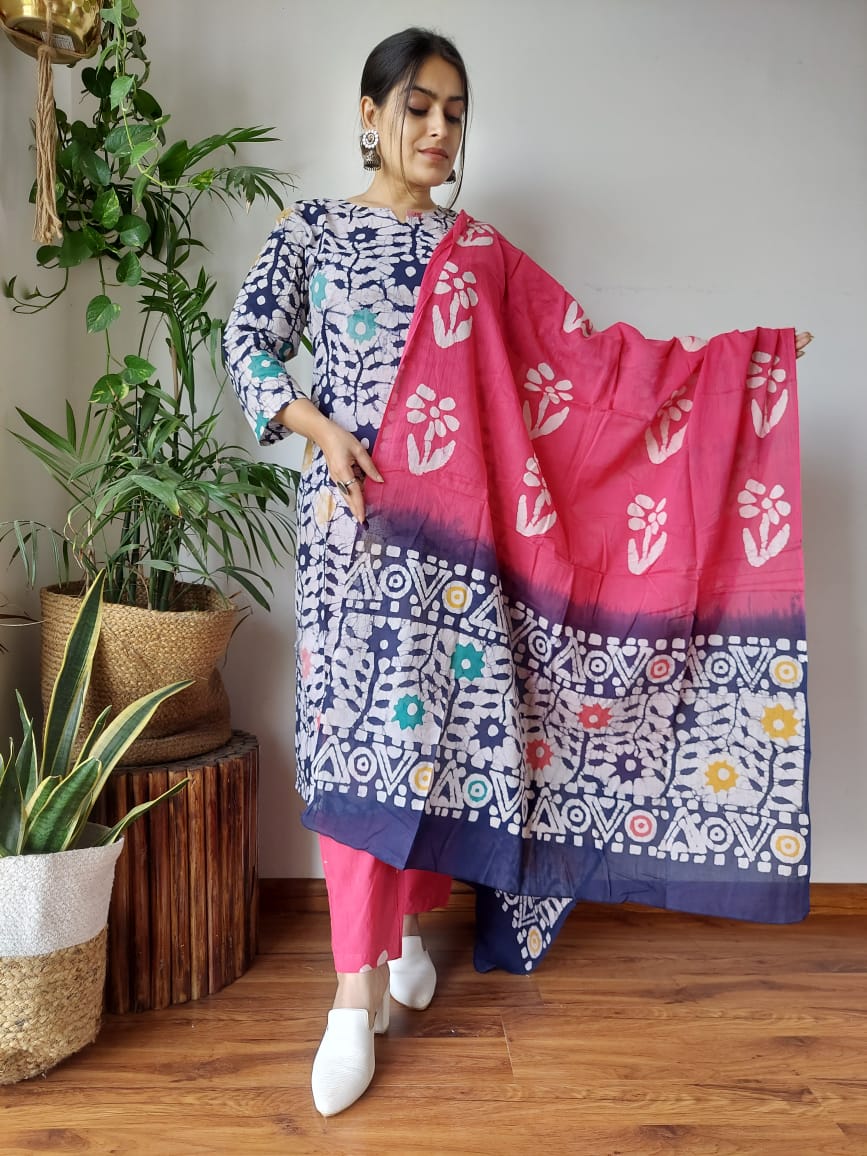 Premium Quality Handblock Print Cotton Suits Kurti Pant Dupatta Set