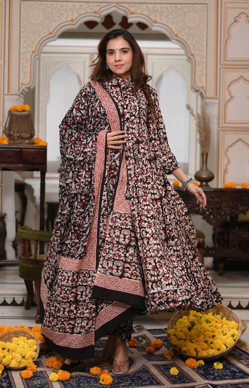Bagru Handblock Printed Anarkali Set Kurti Pant Dupatta Suits