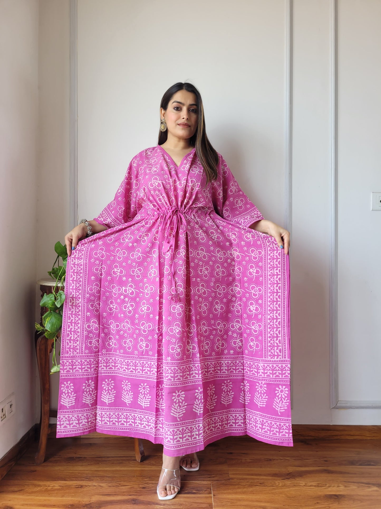 Pure Cotton Handblock Print Kaftan Maxi Night Wear Lounge Wear Night Gown Dress