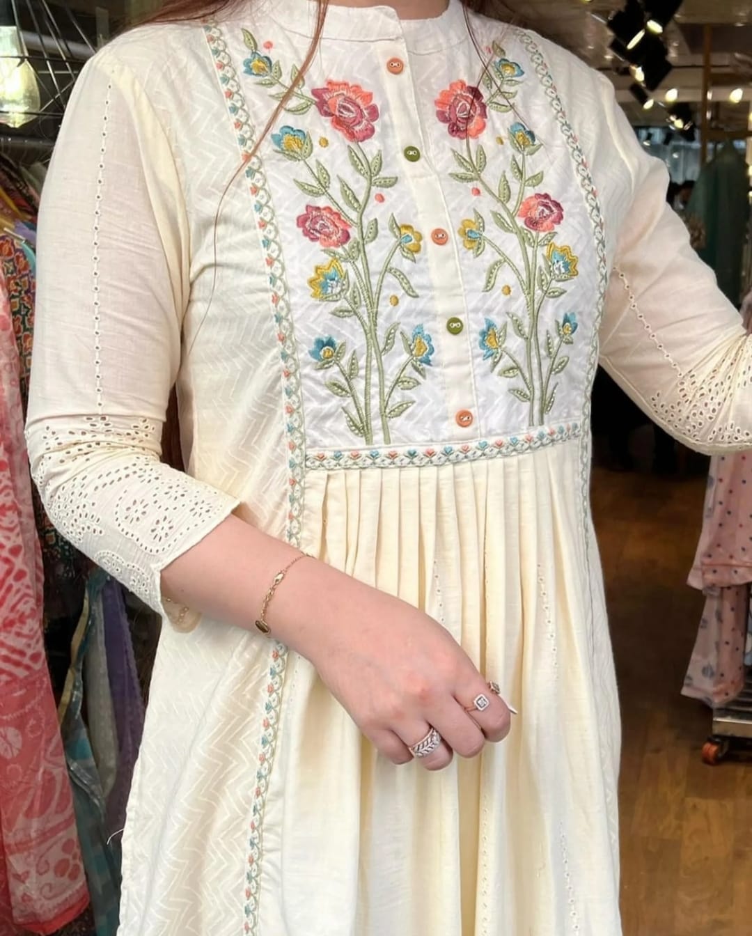 Chikan Floral Work Yoke Cotton Kurti Pant Dupatta Set