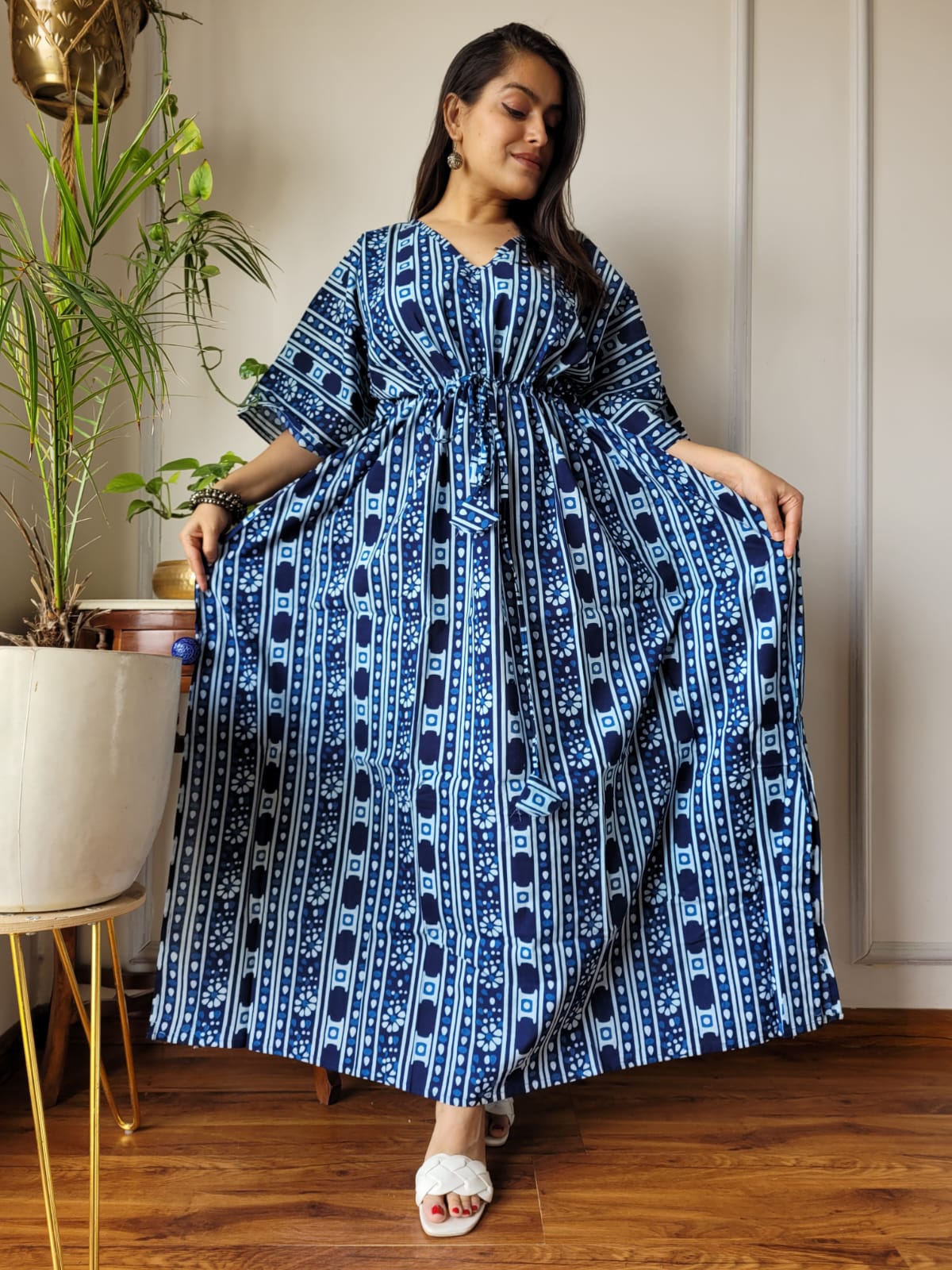 Pure Cotton Handblock Print Kaftan Maxi Night Wear Lounge Wear Night Gown Dress