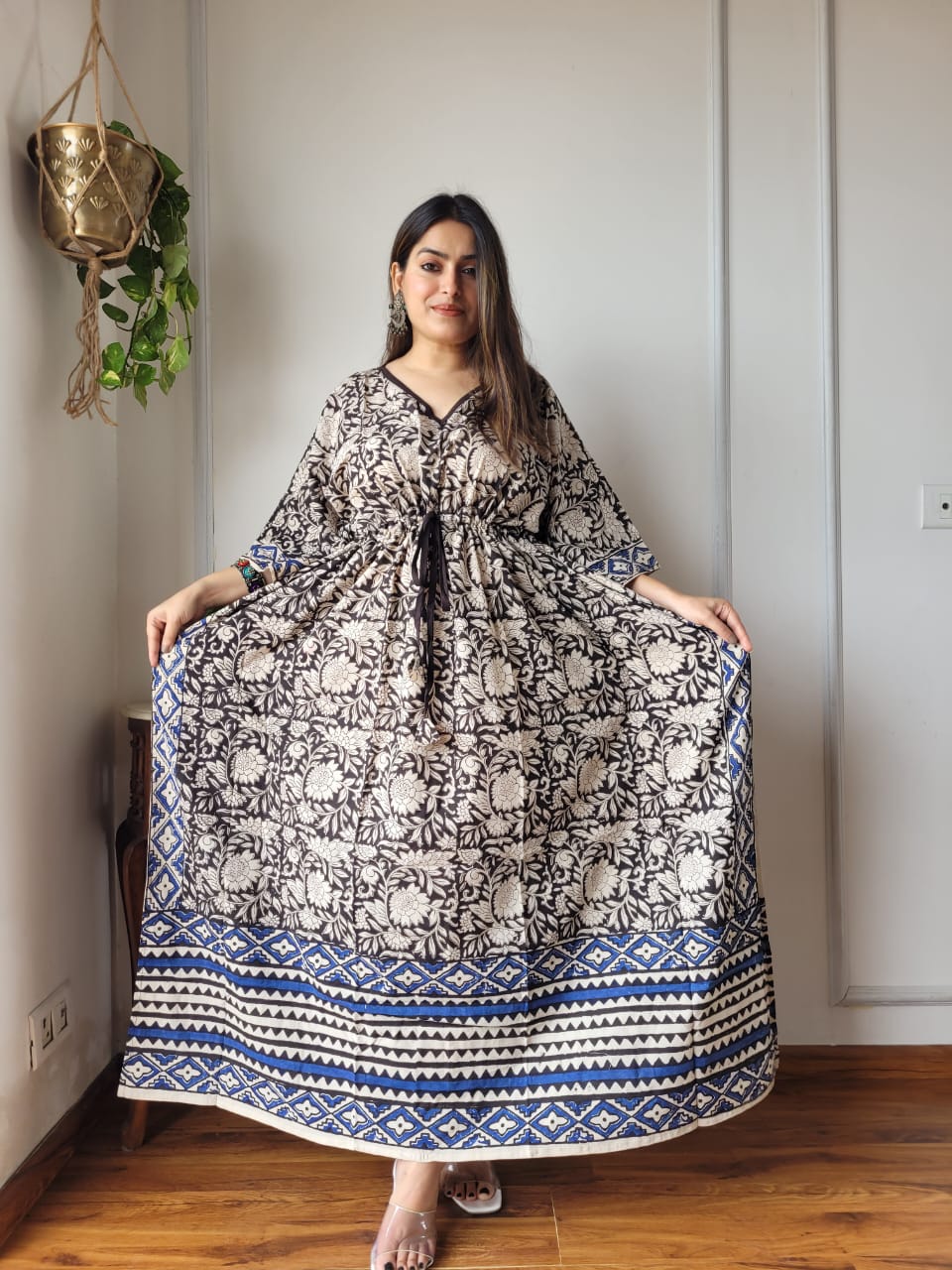 Pure Cotton Handblock Print Kaftan Maxi Night Wear Lounge Wear Night Gown Dress