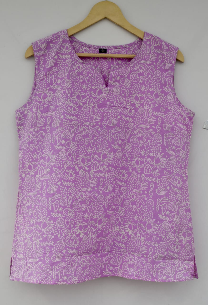 Cotton sleeveless tops kurti handblock print handmade natural colors