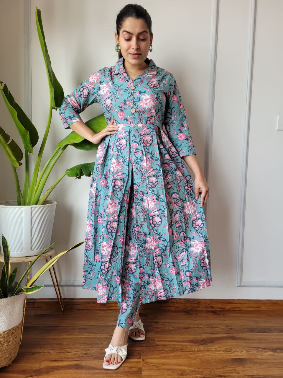 Nyra Cut Handblock Printed Cotton Kurti Pant Set Dress