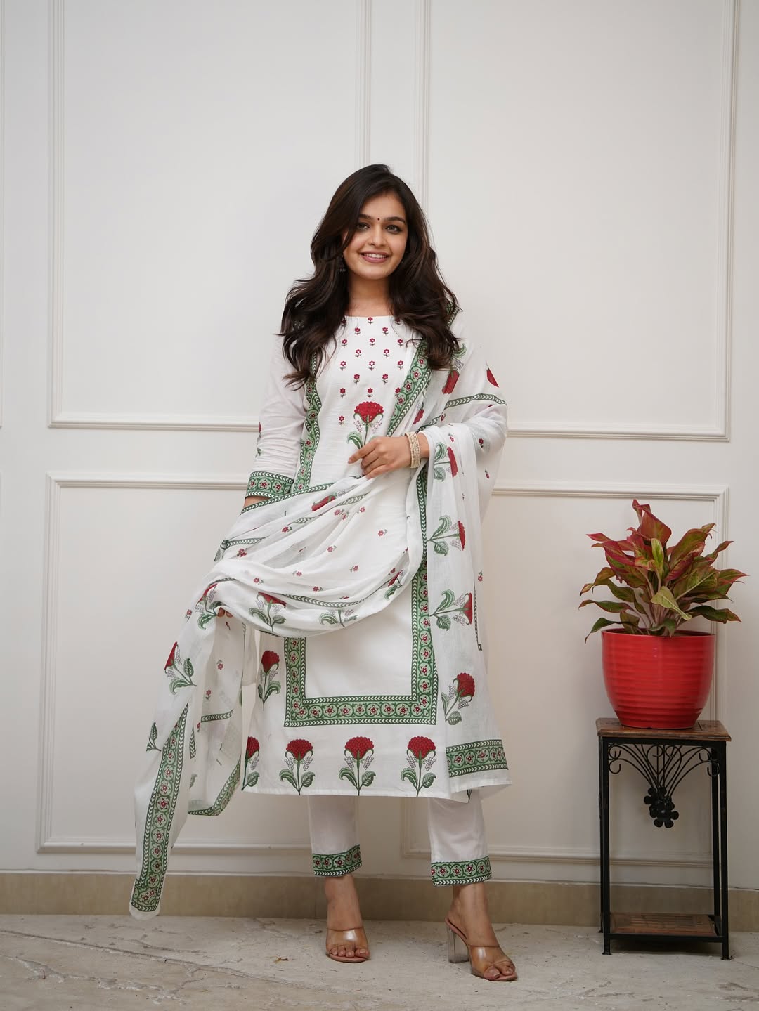 Cotton Kurti Pant Dupatta With Work on Neck & Floral Print