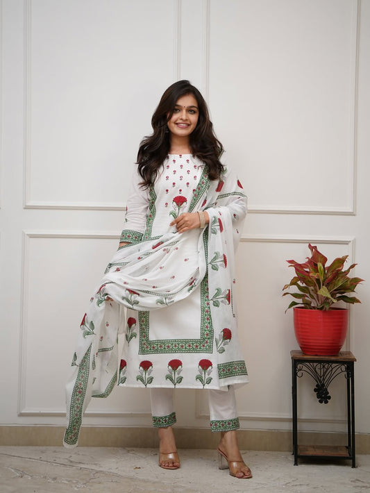 Cotton Kurti Pant Dupatta With Work on Neck & Floral Print