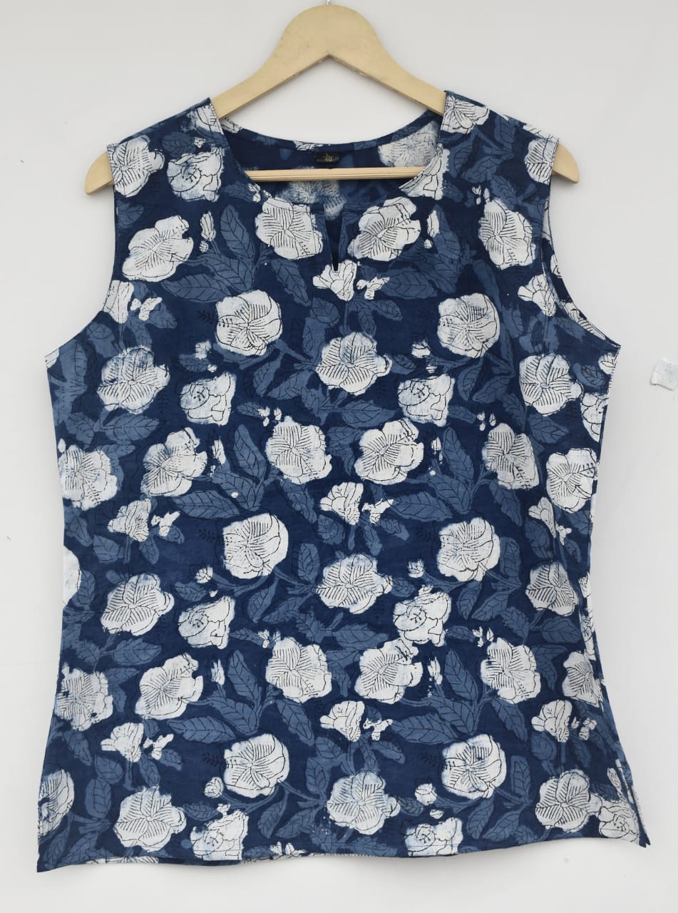 Cotton sleeveless tops kurti handblock print handmade natural colors
