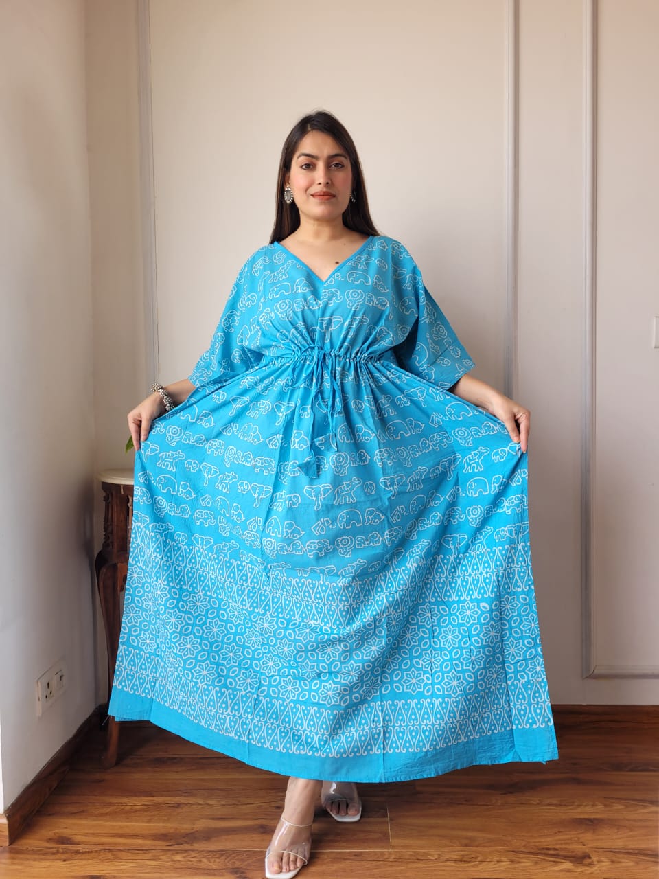 Pure Cotton Handblock Print Kaftan Maxi Night Wear Lounge Wear Night Gown Dress