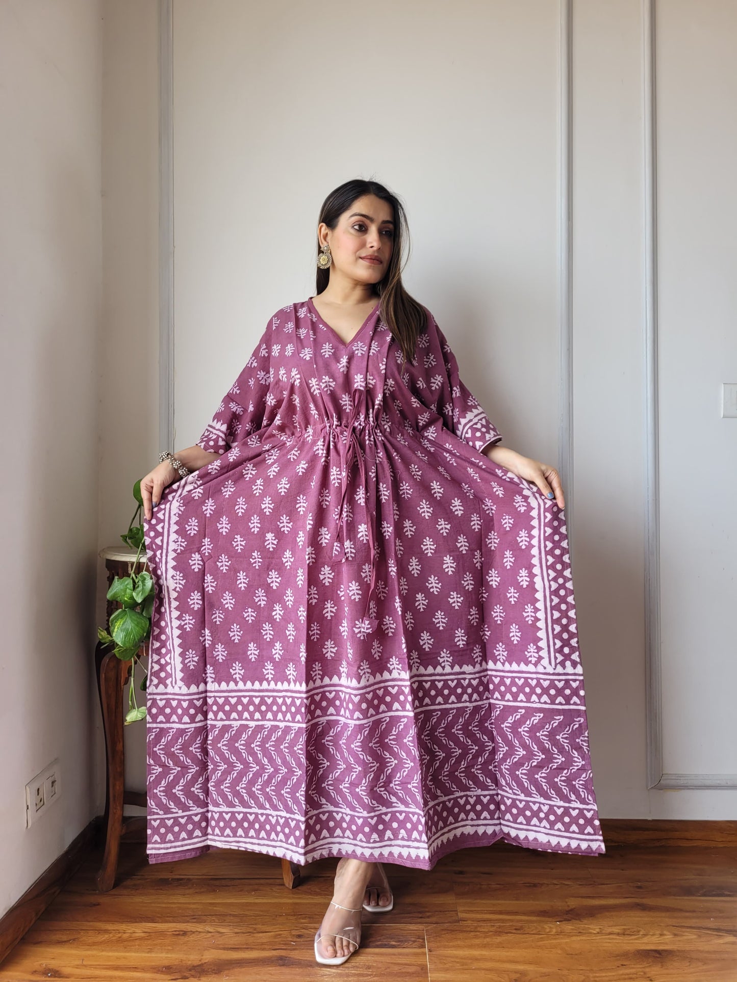 Pure Cotton Handblock Print Kaftan Maxi Night Wear Lounge Wear Night Gown Dress
