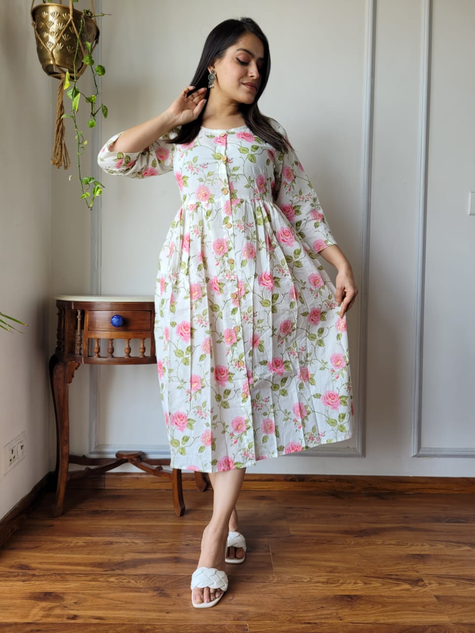 Handblock Print Cotton Kurti One Piece Dress With Sleeves