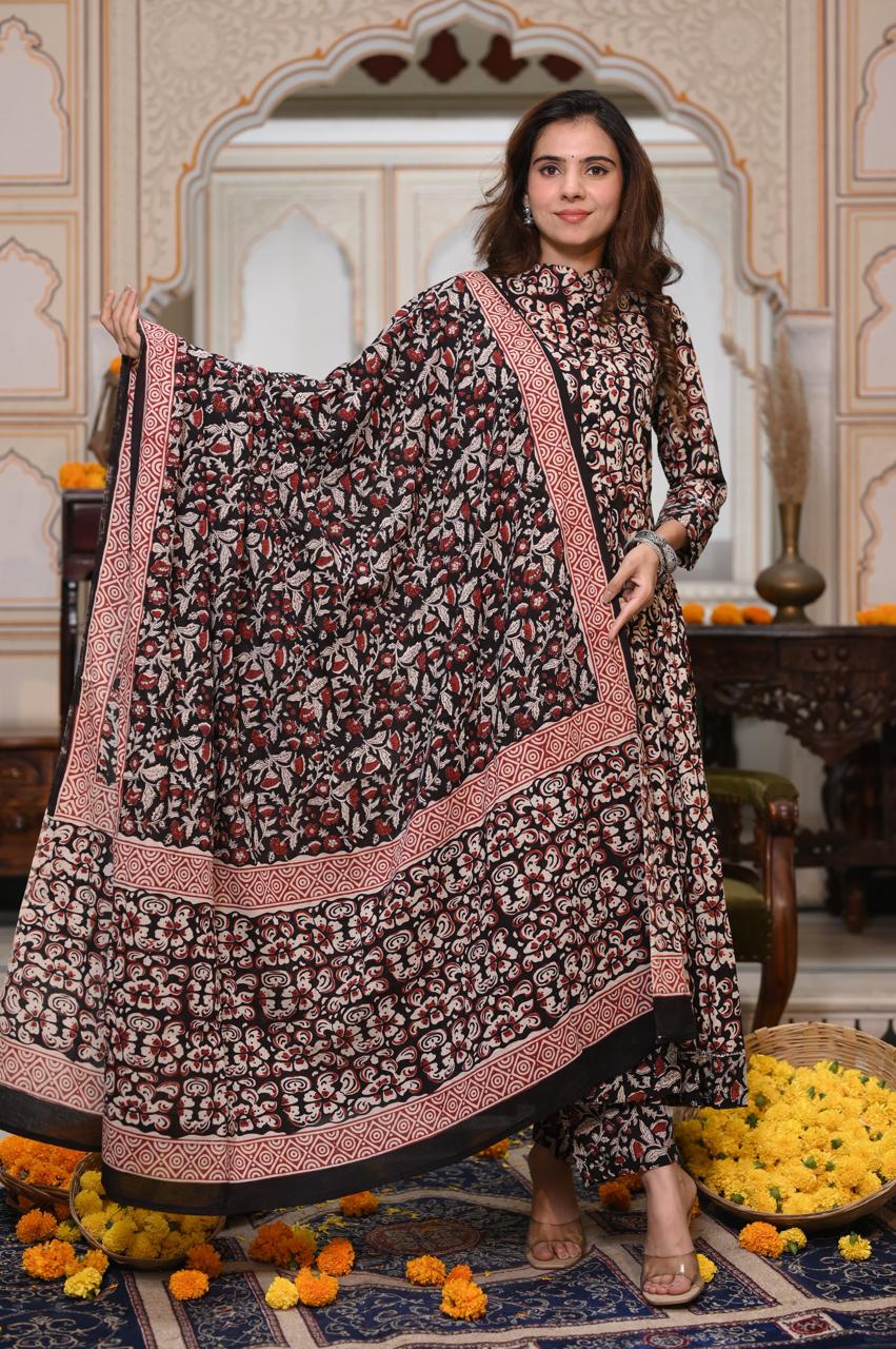 Bagru Handblock Printed Anarkali Set Kurti Pant Dupatta Suits