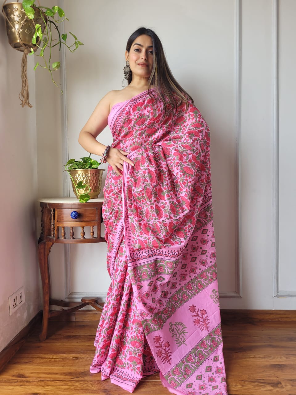 Handblock Printed Cotton Saree With Blouse Piece