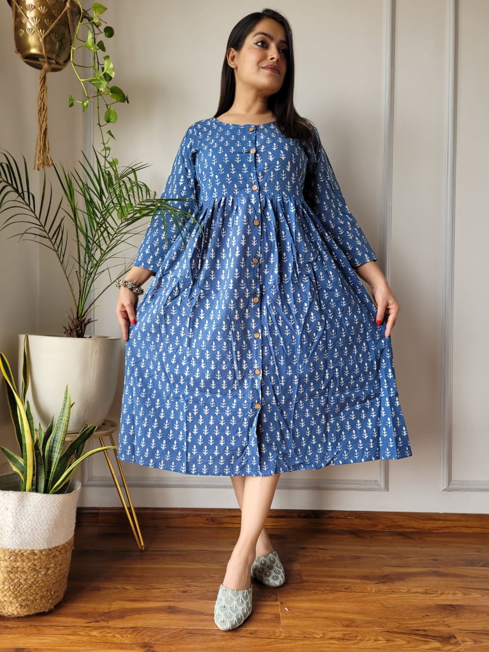 Handblock Print Cotton Kurti One Piece Dress With Sleeves