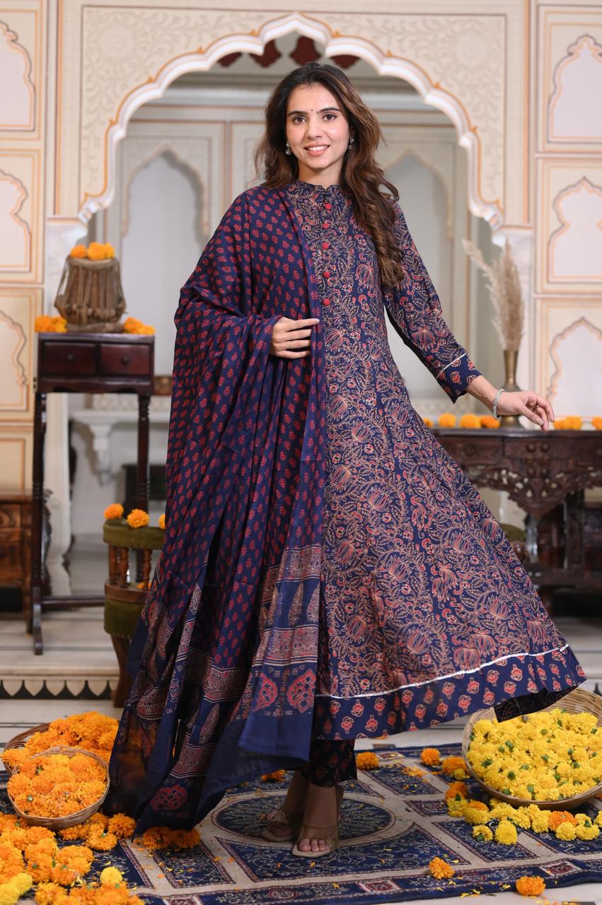 Bagru Handblock Printed Anarkali Set Kurti Pant Dupatta Suits