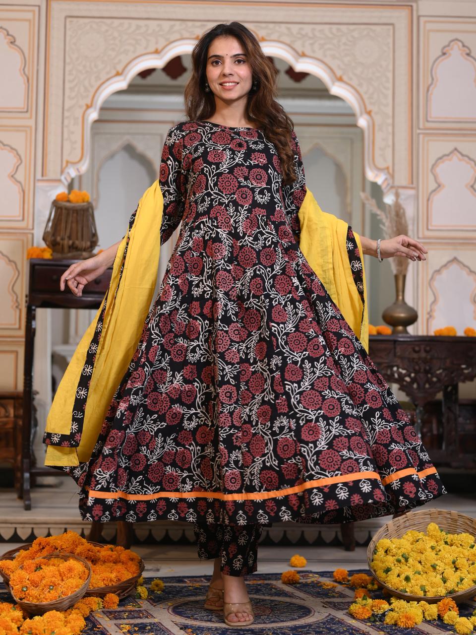 Bagru Handblock Printed Anarkali Set Kurti Pant Dupatta Suits