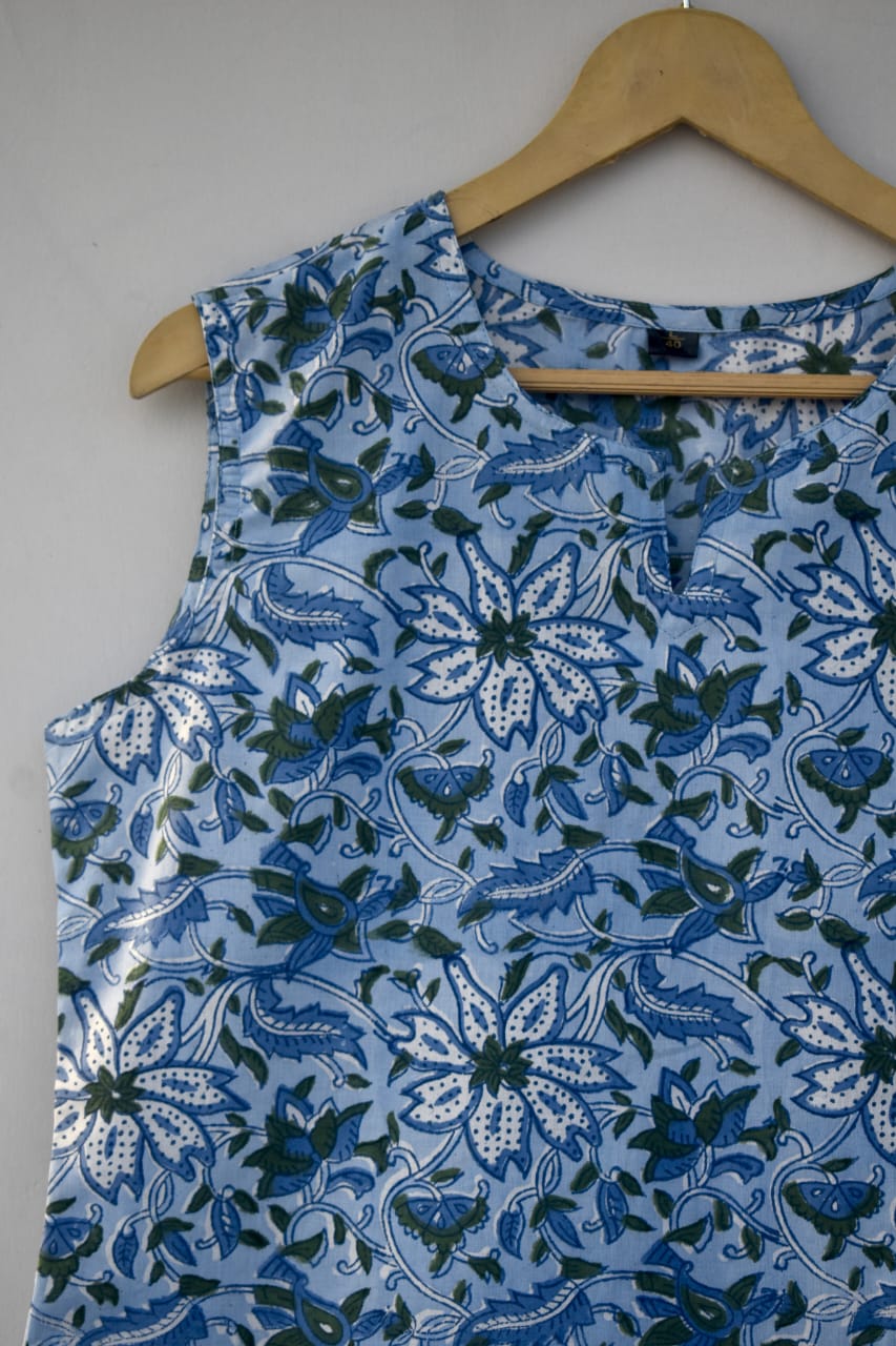 Cotton sleeveless tops kurti handblock print handmade natural colors
