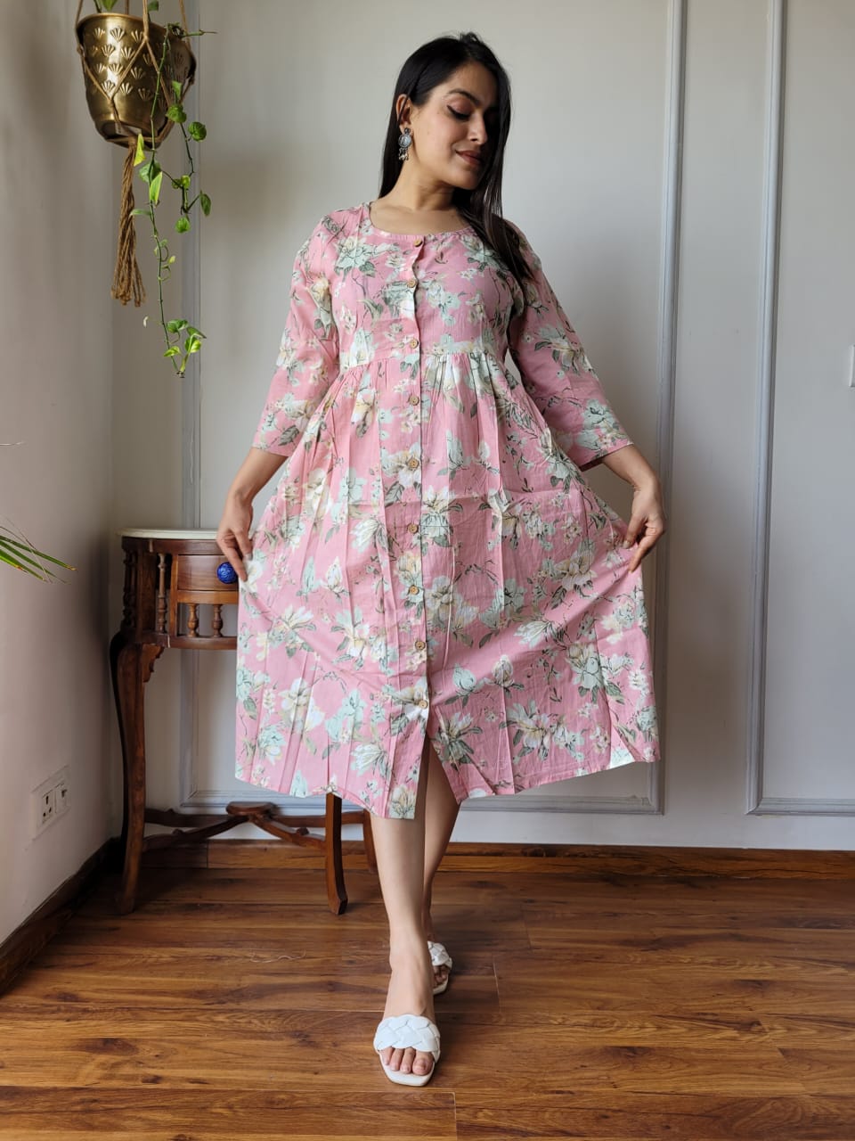 Handblock Print Cotton Kurti One Piece Dress With Sleeves