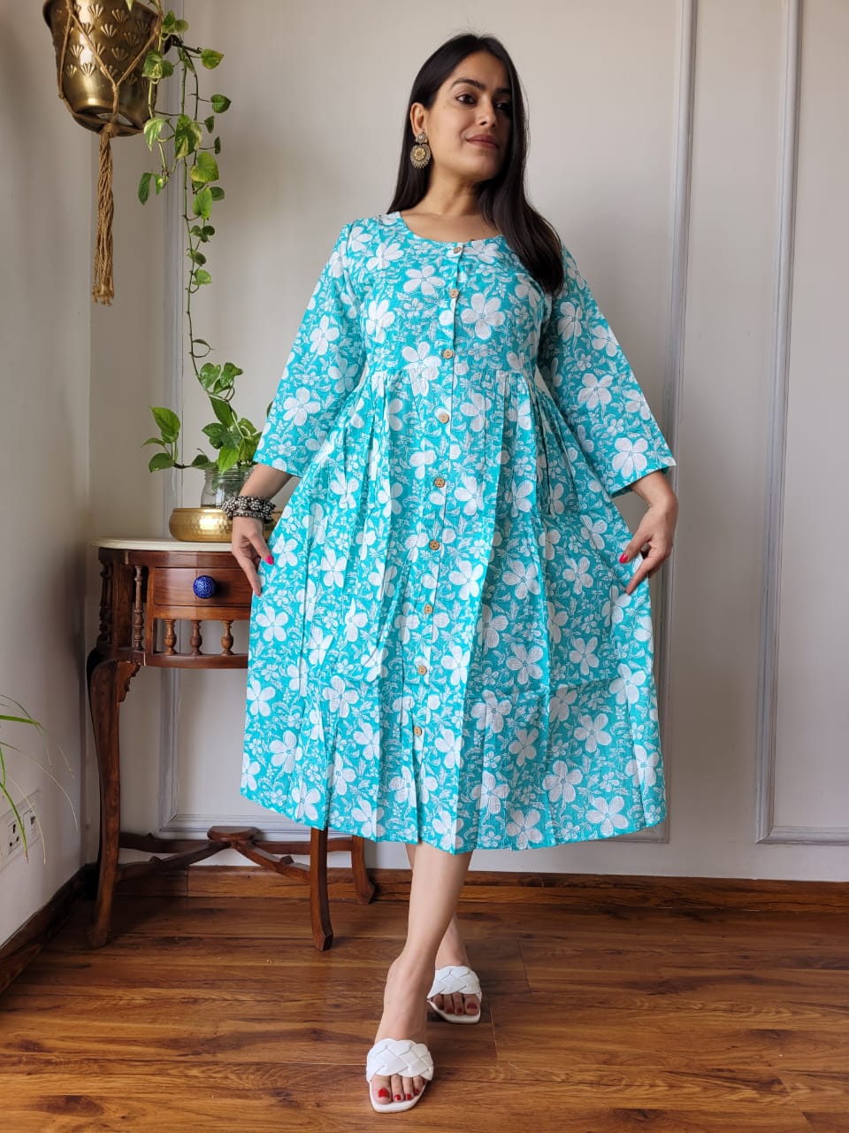 Handblock Print Cotton Kurti One Piece Dress With Sleeves