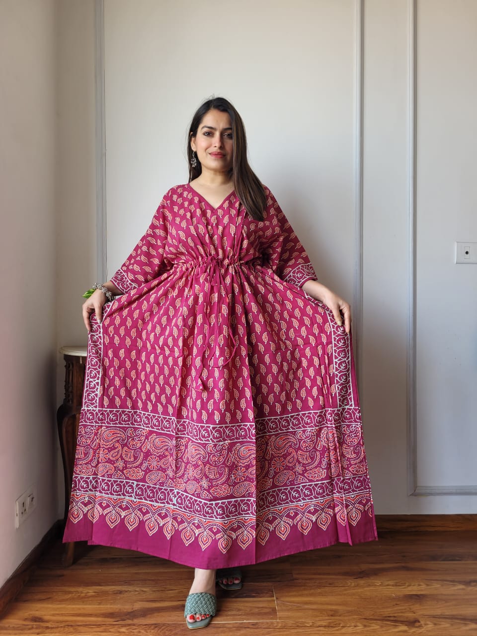 Pure Cotton Handblock Print Kaftan Maxi Night Wear Lounge Wear Night Gown Dress