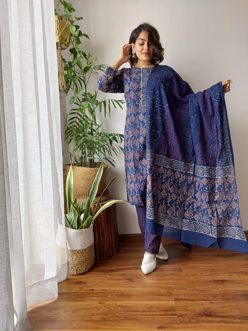 Premium Quality Handblock Print Cotton Suits Kurti Pant Dupatta Set