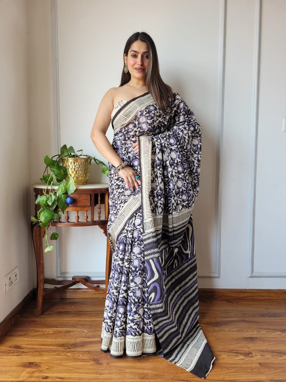 Handblock Printed Cotton Saree With Blouse Piece