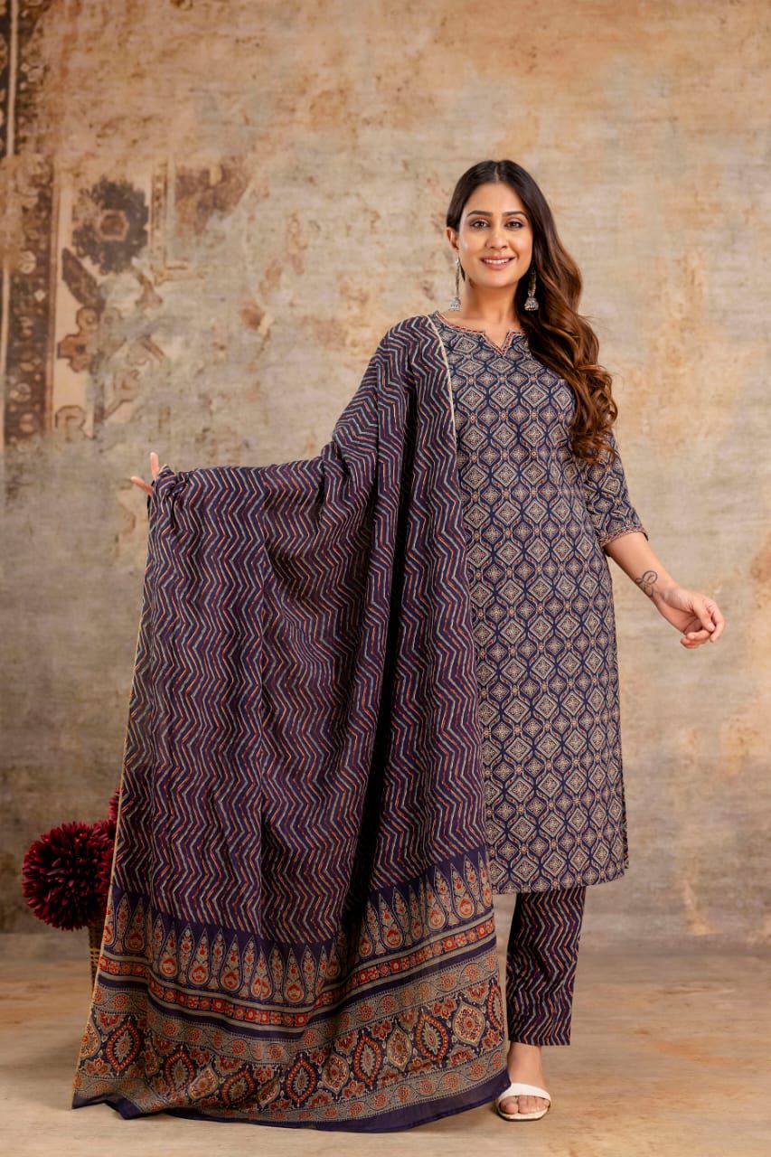 Jaipuri suits cotton kurti pant dupatta sanganeri print dress