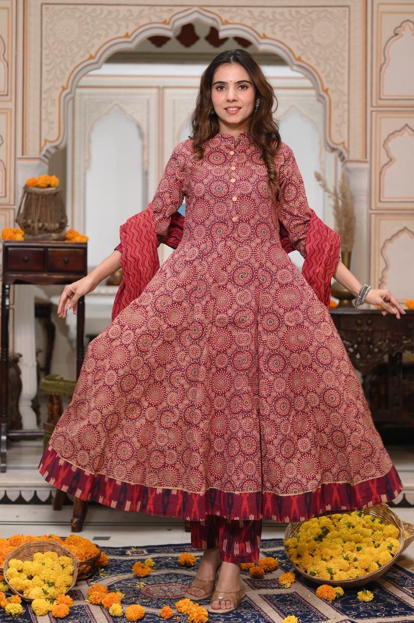 Bagru Handblock Printed Anarkali Set Kurti Pant Dupatta Suits