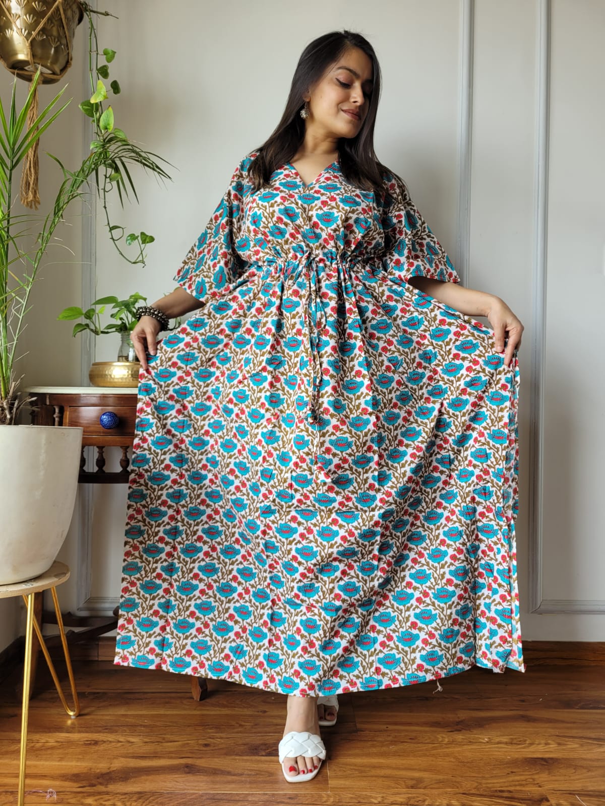 Pure Cotton Handblock Print Kaftan Maxi Night Wear Lounge Wear Night Gown Dress