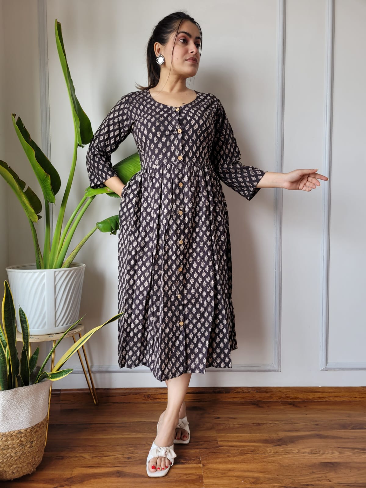 Handblock Print Cotton Kurti One Piece Dress With Sleeves