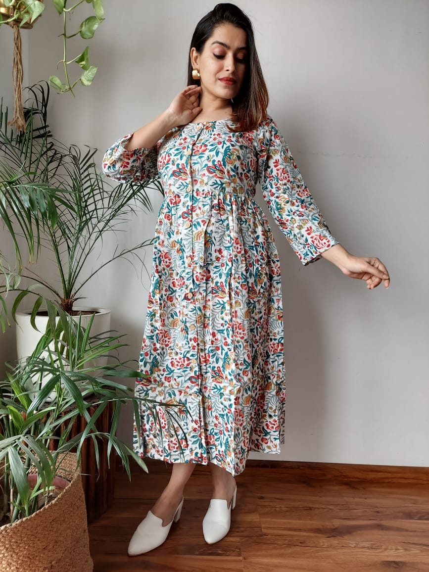 Handblock Print Cotton Kurti One Piece Dress With Sleeves